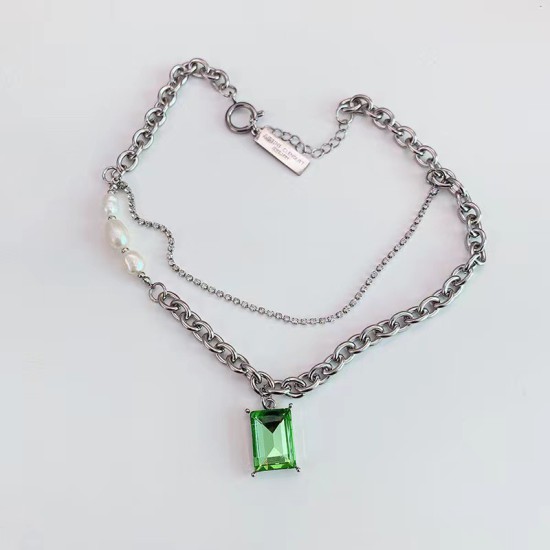 Retro Double Chain Green Crystal Necklace