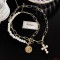 Stackable Multi-layer Chain Stitching Pearl Cross Pendant Necklace