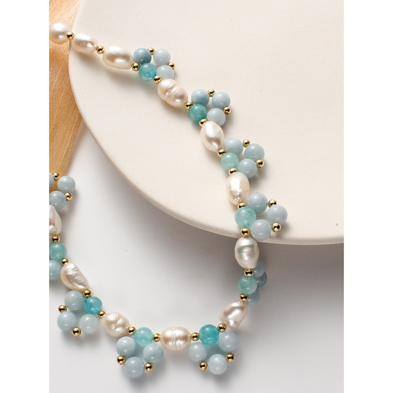 Pearl Crystal Sea Blue Color Flower Shape Braided Necklace