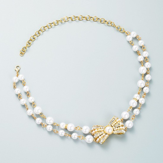 Double Layer Pearl Stitching Bow Necklce