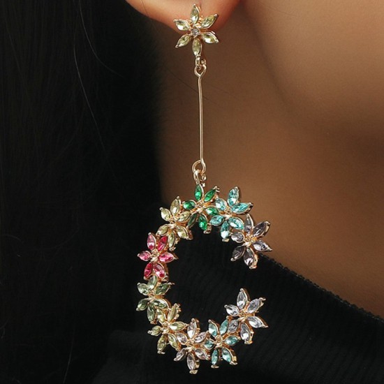 Flower Earrings Long C-shaped Earrings with Crystal